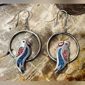 Authentic Taxco Sterling- Mexico 925 Silver- Parrot Earrings With Wire Hook 2.5”